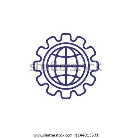 Globalization line icon. Globe, planet, gear, cogwheel. Internet technology concept. Can be used for topics like business development, networking, engineering