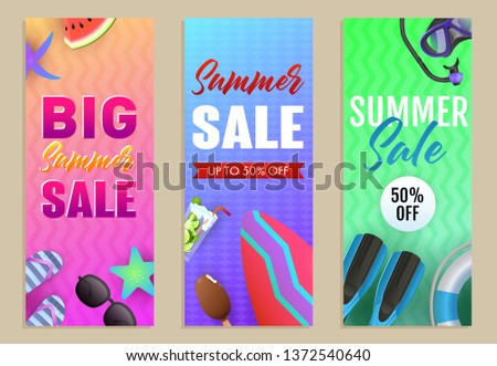 Big Summer Sale letterings set with surfboard and scuba mask. Tourism, summer offer or shopping design. Handwritten and typed text, calligraphy. For brochures, invitations, posters or banners.