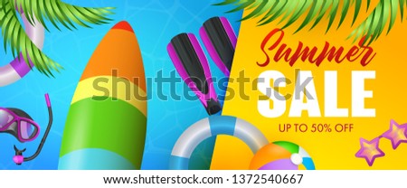 Summer Sale lettering, surfboard, lifebuoy and scuba mask. Tourism, summer offer or shopping design. Handwritten and typed text, calligraphy. For brochures, invitations, posters or banners.