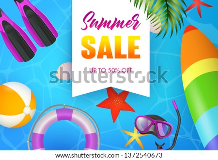 Summer Sale lettering, scuba mask, flippers and surfboard. Tourism, summer offer or shopping design. Handwritten and typed text, calligraphy. For leaflets, invitations, posters or banners.