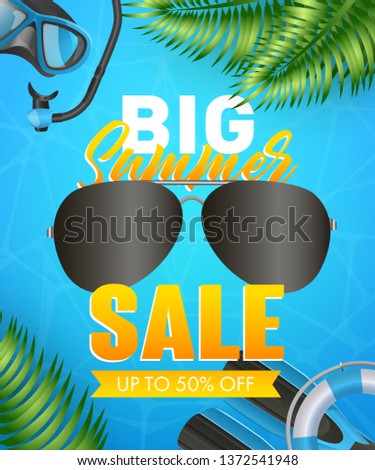 Big Summer Sale lettering with scuba mask, snorkel and flippers. Tourism, summer offer or shopping design. Handwritten and typed text, calligraphy. For leaflets, invitations, posters or banners.