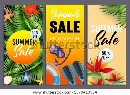 Summer sale letterings set, tropical plants, scuba mask, snorkel. Tourism, summer offer or sale design. Handwritten and typed text, calligraphy. For leaflets, brochures, invitations or posters.