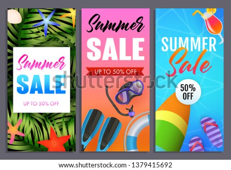 Summer sale letterings set, flip flops, surfboard and scuba mask. Tourism, summer offer or sale design. Handwritten and typed text, calligraphy. For brochures, invitations, posters or banners.