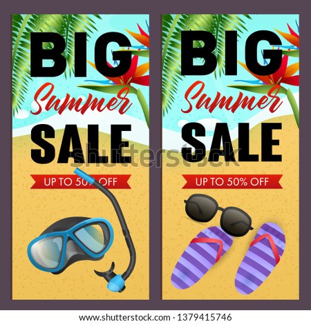 Big summer sale letterings set, scuba mask, flip flops on beach. Tourism, summer offer or shopping design. Handwritten and typed text, calligraphy. For brochures, invitations, posters or banners.