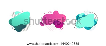 Liquid abstract geometric shape set. Cyan, green, pink blobs, hatched and dotted elements, wavy lines. Flowing splashes, fluid forms. Vector illustration for banner, poster, logo, flyer design