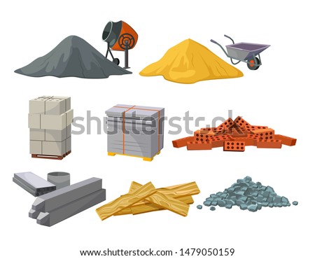 Building material heaps set. Bricks, sand, wooden planks, concrete mixer. Construction concept. Vector illustrations can be used for construction sites, works, industry