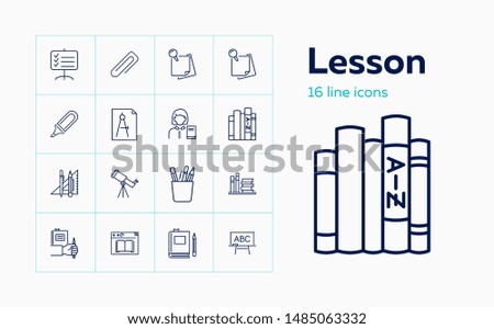 Lesson icons. Set of line icons. Teacher, stationary, blackboard, textbooks. Education concept. Vector illustration can be used for topics like studying, school, library