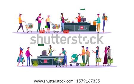 Set of buyers paying for purchases at supermarket checkout counter. Grocery shop cashier and shoppers standing in line with shopping carts. Diverse people buying food flat vector illustration