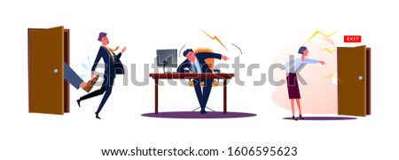 Set of firing employees. Flat vector illustrations of man kicked out of work, boss, screaming, pointing on door. Career failure concept for banner, website design or landing web page