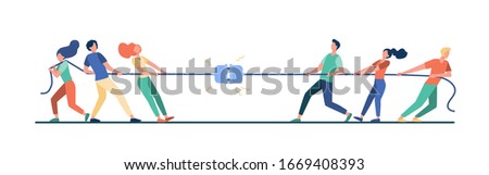 Groups of people pulling rope in tug of war play. Struggling team competing with each other. Vector illustration for game, contest, competition, confrontation concept