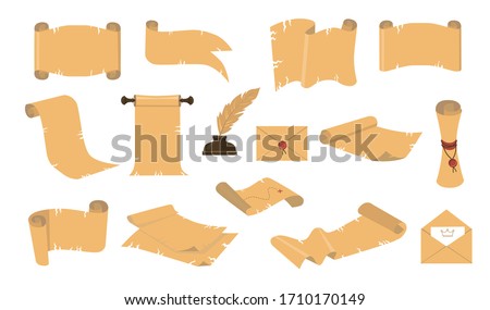 Cartoon ancient scrolls flat icon kit. Rolled papyrus manuscripts and parchment vintage vector illustration collection. Old paper documents, envelopes and feather for mobile and computer game