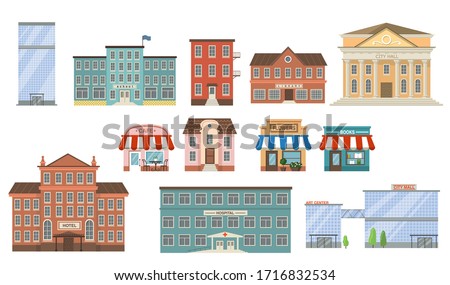 City buildings flat icon collection. School, bank, shop, apartments, office center, hospital, hotel, library, mall and city hall front view vector illustration set. Exterior and facade concept