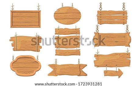Wooden signs set. Rough rustic boards and planks, signboards hanging on ropes, bar and saloon banner templates. Can be used for old guideposts, vintage restaurant signposts, advertising design concept
