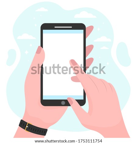 Mobile phone in hand isolated flat vector illustration. Man holding smartphone with blank screen and doing screenshot. Software and technology concept