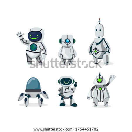 Cute robots flat icon set. Cartoon futuristic cyborg characters isolated vector illustration collection. Future and communication concept