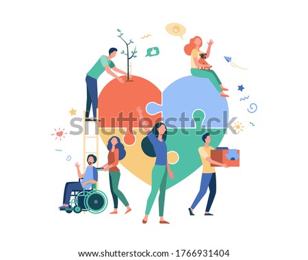 Stylized volunteers help charity and sharing hope isolated flat vector illustration. Cartoon abstract social team or group with humanitarian support. Donation and aid community concept