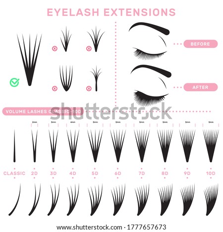 Eyelash extension infographics. Volume boost guide, fake lashes application, eyelashes cluster set. Can be used for beauty care or salon concept