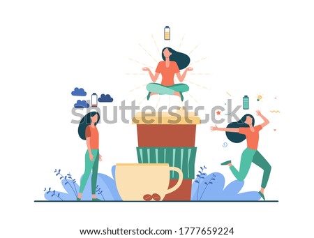 Woman feeling stress and getting energy from coffee. Caffeine addicted person charging battery. Vector illustration for energetic drink, energizer, morning, coffee shop concept