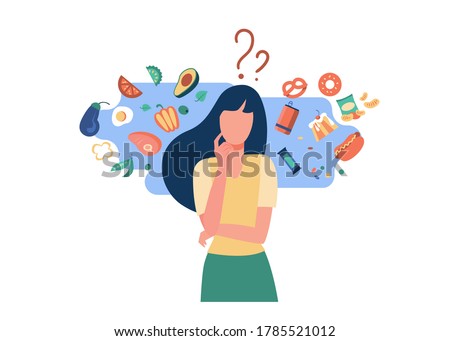 Woman choosing between healthy and unhealthy food. Character thinking over organic or junk snacks choice. Vector illustration for good vs bad diet, lifestyle, eating concepts