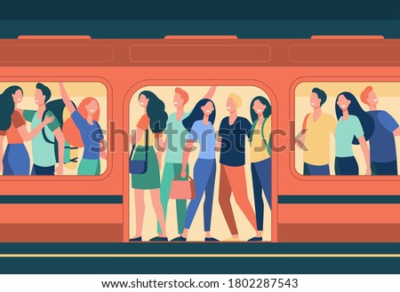 Crowd of happy people travelling by subway train. Passengers standing in overcrowded subway car at station. Cartoon illustration for overpopulation, rush hour, public transport, commuters concept