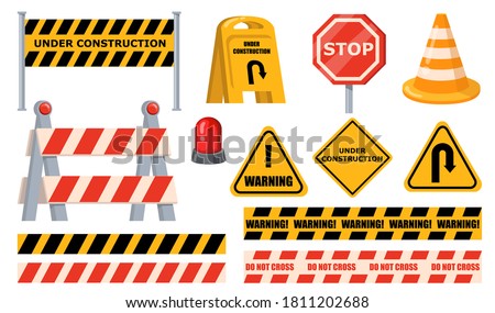 Road barriers set. Warning and stop signs, under construction boards, yellow tape and cone. Flat vector illustrations for roadblock, roadwork, traffic barricade concept.