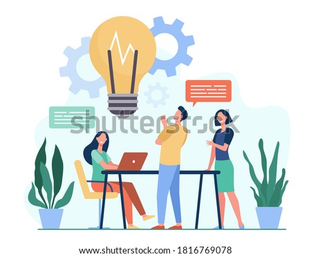 Colleagues sharing thoughts and ideas flat vector illustration. Cartoon employees thinking about company project or startup in team. Brainstorm, skill and teamwork concept