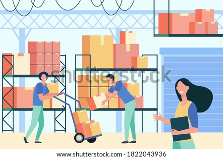 Staff working in logistic storage isolated flat vector illustration. Cartoon stockroom workers and loaders taking boxes from cargo pallet in stockroom. Delivery service and warehouse interior concept
