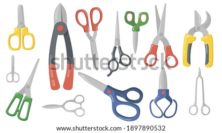 Creative scissors, shears and secateurs flat item set. Cartoon cutting or trimming professional instruments isolated vector illustration collection. Craft and scissoring concept