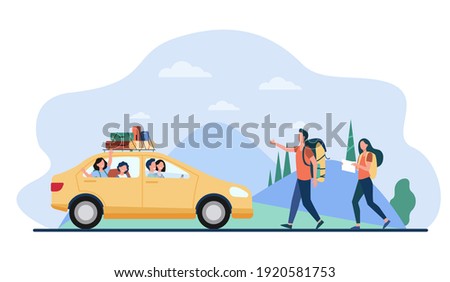 Two tourist catching car on road. Vehicle, nature, backpack flat vector illustration. Hitchhiking and traveling concept for banner, website design or landing web page