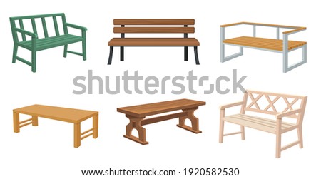Various wooden garden and city benches flat set for web design. Cartoon outdoor wicker benches isolated vector illustration collection. Furniture and elements for landscape locations concept