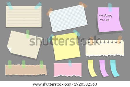 Modern paper notes on stickers flat illustration set. Cartoon torn paper sheets form notepad isolated vector illustration collection. Office notepapers and information board concept