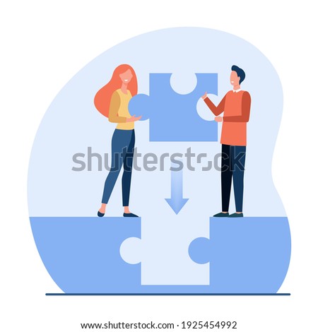 Couple filling gap between them. Man and woman placing missing piece of puzzle. Flat vector illustration. Relationship, connection, link concept for banner, website design or landing web page
