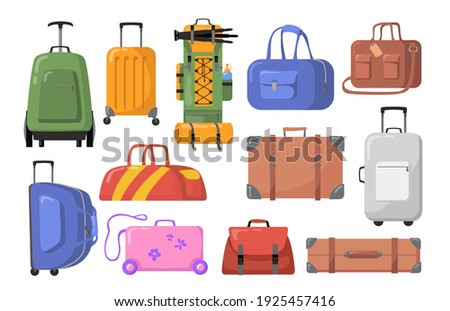 Travel bags set. Plastic and metal suitcases with wheels for children or adults, trekking backpacks. Vector illustration for tourism, luggage, baggage, tour concept