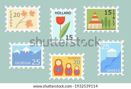 Set of creative post stamps with different countries landmarks and symbols. Fun postage stamp vector designs for using on envelopes. Mail and post office concept. Foto d'archivio © 