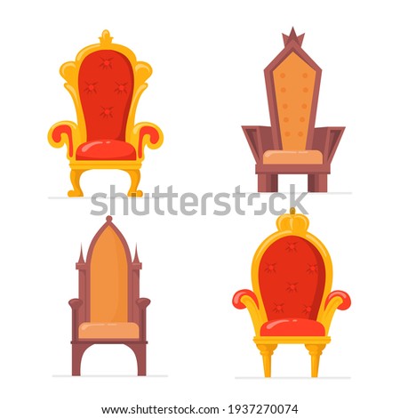 Bright colorful royal armchairs or thrones flat pictures collection. Cartoon medieval chairs for queen or king isolated vector illustrations. Antique and medieval furniture concept