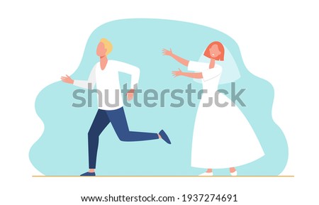 Groom man running from bride woman in wedding dress. Married couple flat vector illustration. Marriage, wedding party, newlyweds concept for banner, website design or landing web page