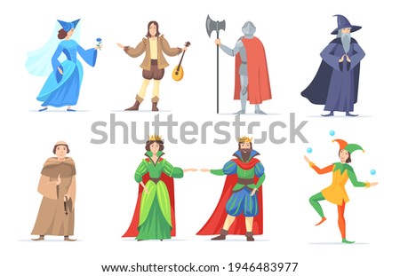 Set of medieval cartoon characters in historical costumes. Flat vector illustration. Fantasy king, queen, princess, wizard, executioner, bard of renaissance period. Fairytale, history concept