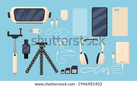 Set of graphic phone accessories flat vector illustration. Isolated smartphone, battery, charger, cover, 3D or VR glasses, watch on blue background. Modern technology concept for apps, banner design