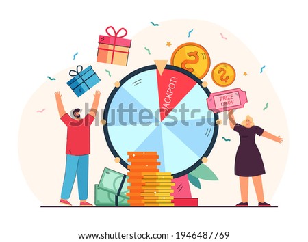 Lucky people winning prize draw standing near fortune wheel. Cartoon vector illustration. Happy winners with gift boxes, balls and jackpot on giant raffle drum. Lottery, prize, luck, marketing concept