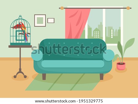 Exotic parrot in cage in living room. Domestic multicolored ara, pet macaw, wild tropical bird in cage cartoon vector illustration. Pets, domesticated wild birds concept
