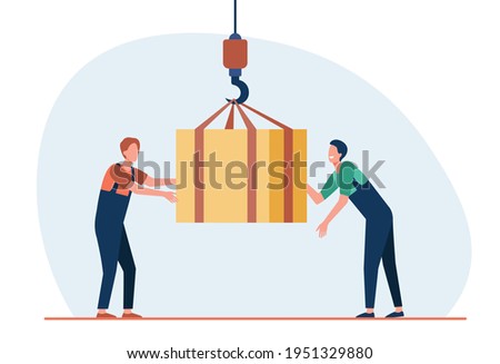 Cartoon working men taking off external load with lifting crane. Flat vector illustration. Two constructors loading or discharging cargo. Cargo hauling, goods transportation concept for banner design