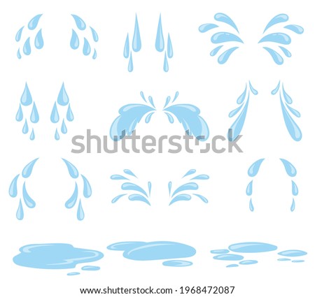 Cartoon drops of sweat or tears vector illustrations set. Water droplets and puddles from crying or sweating isolated on white background. Sadness, sports, weather concept