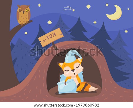 Cute fox character sleeping in burrow cartoon illustration. Sleepy orange animal wearing hat and holding pillow, owl sitting on tree branch, starry sky. Bedtime, animals, wildlife concept