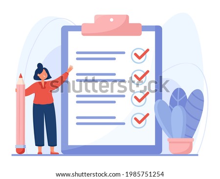 Completed checklist of cartoon woman flat vector illustration. Businesswoman holding pencil, standing next to clipboard, taking notes. List with tasks, achievement, business success, goals concept.