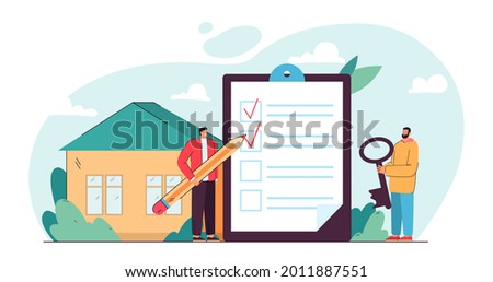 Two tiny men preparing for move. Flat vector illustration. Two people filling out giant list with checkmarks, holding key in background of house. Moving, housing, planning, renting, ownership concept