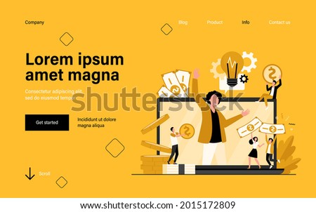 Tiny entrepreneur crowdfunding startup project flat vector illustration. Cartoon sponsor and money donation via internet. Cooperation, investment and growth concept