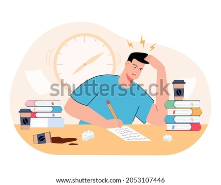 Stressed millennial guy studying before college exams. Distressed student meeting deadline doing assignment preparing for test at home with books. Flat vector illustration.