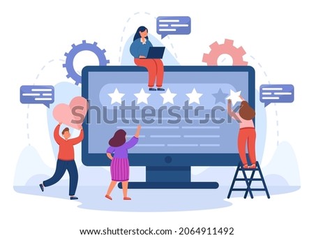 Team of analysts working on brand reputation in social media. Tiny male and female managers holding ranking star and heart flat vector illustration. Insight in analytics, seo management concept