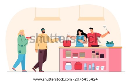 Volunteers serving food in night shelter for homeless people. Man and woman pouring warm meal for poor beggars in refectory flat vector illustration. Almshouse, emergency, home for bums concept