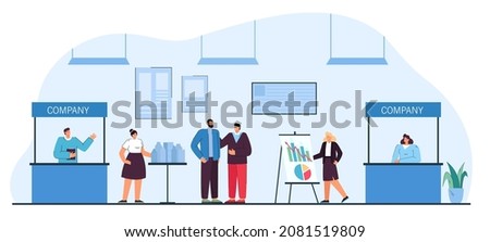 Companies presenting products at trade show or exhibition. Expo center with stands and visitors flat vector illustration. Marketing, advertising, promotion concept for banner or landing web page